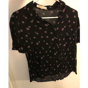 Black short sleeve button up floral top
